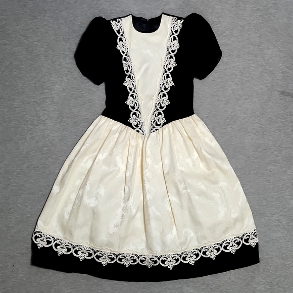 Vintage Jessica McClintock Puff Sleeve Velvet Lace Brocade Formal Midi Dress - Picture 4 of 15